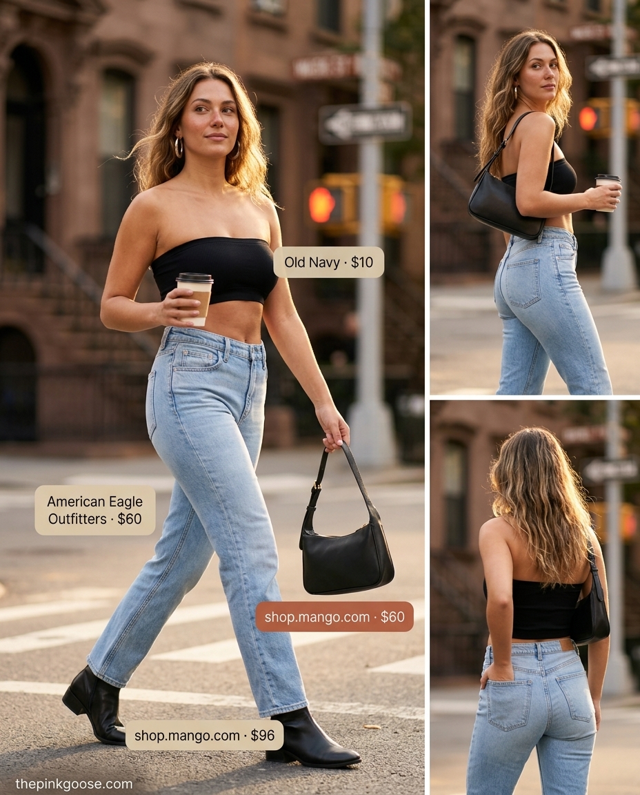 Retro black bandeau top with light wash straight-leg jeans and ankle boots for a cool look 2026.
