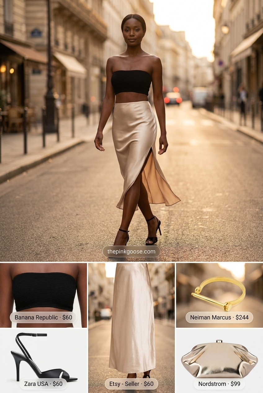 Glamorous black bandeau top with a champagne satin midi skirt for a date night outfit 2026.