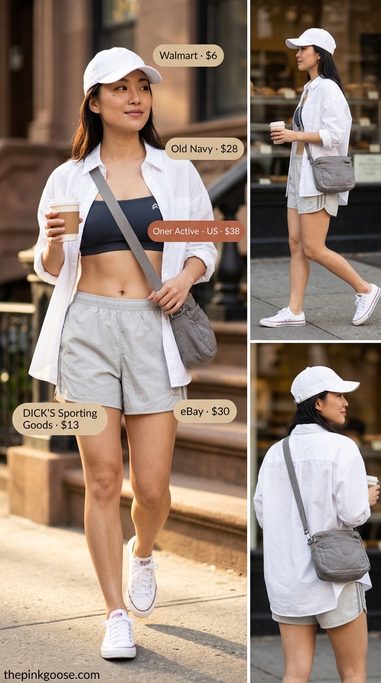 Sporty chic outfit with a bright blue bandeau top, grey shorts, and white sneakers. Summer Bandeau top for women 2026.