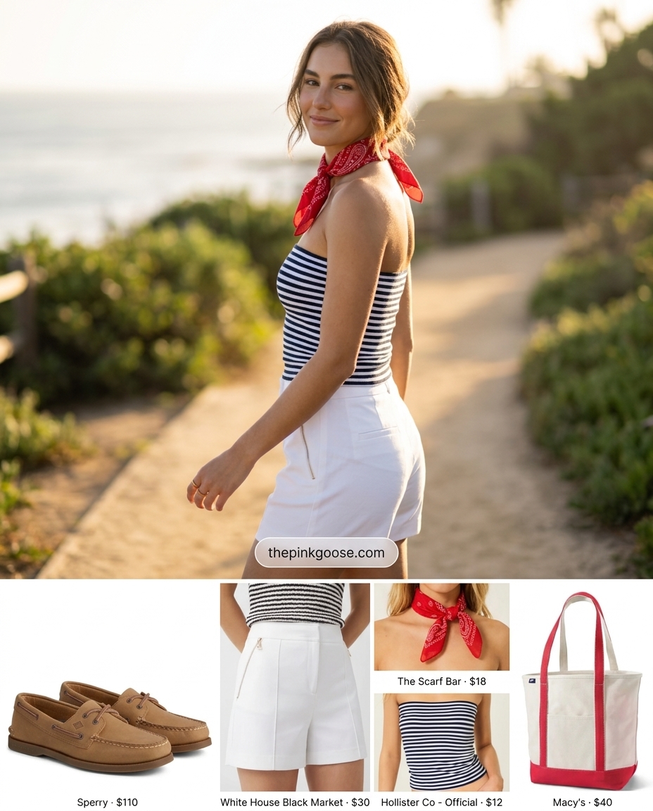 Preppy navy and white striped bandeau top with white shorts for a coastal summer look 2026.
