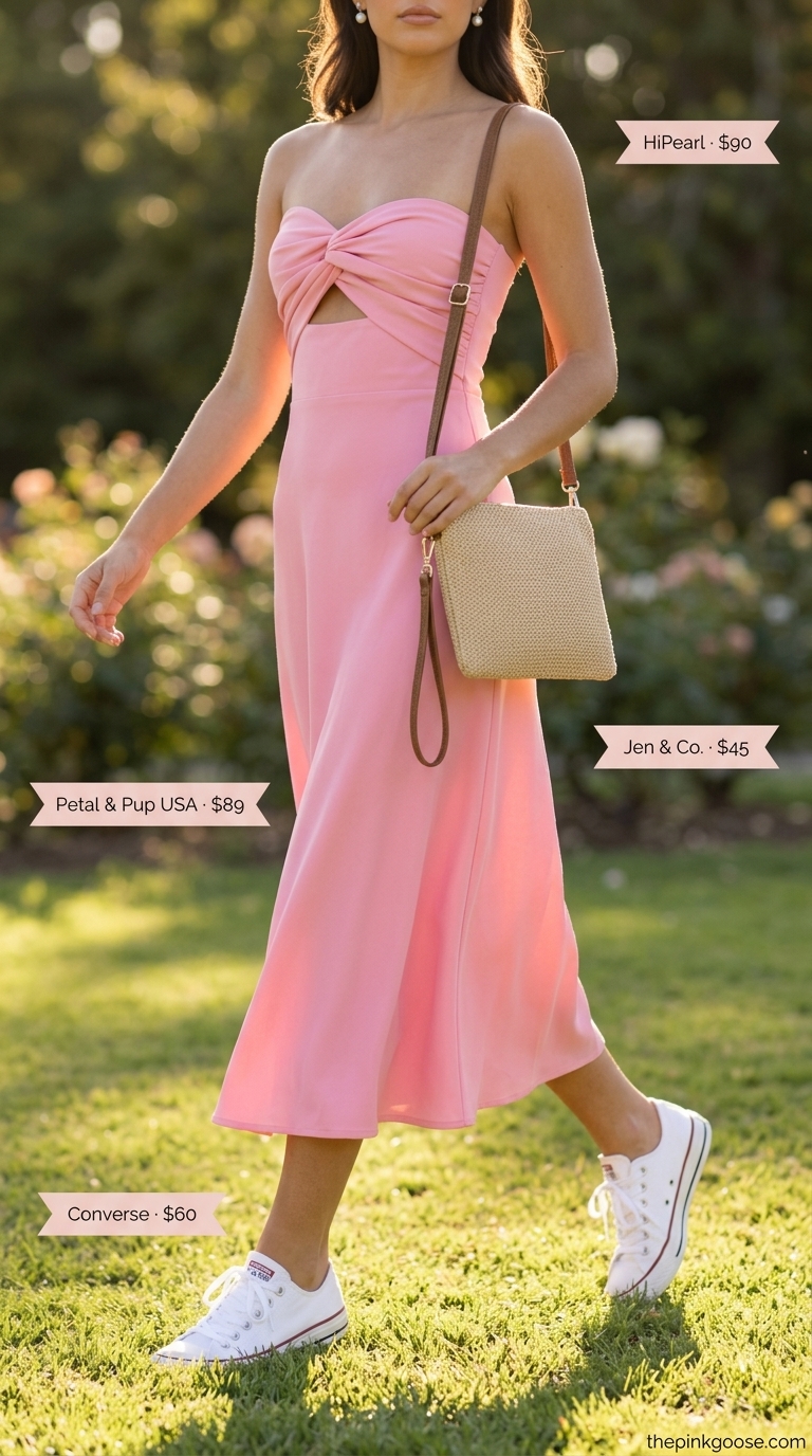Sweet pastel pink sundress with a bandeau-inspired neckline for a daytime event 2026.