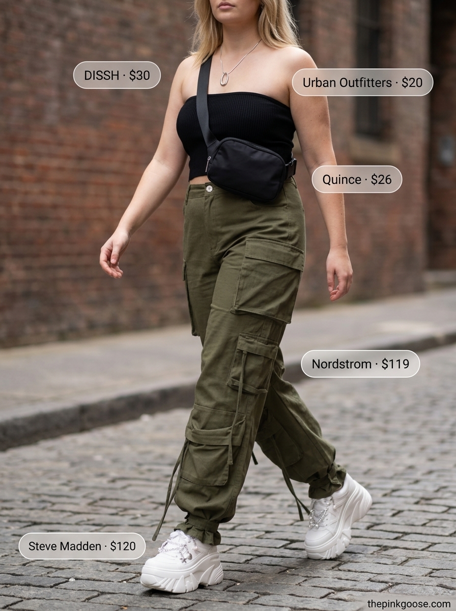 Urban explorer outfit featuring a black bandeau top and olive green cargo pants. Summer Bandeau top for women 2026.