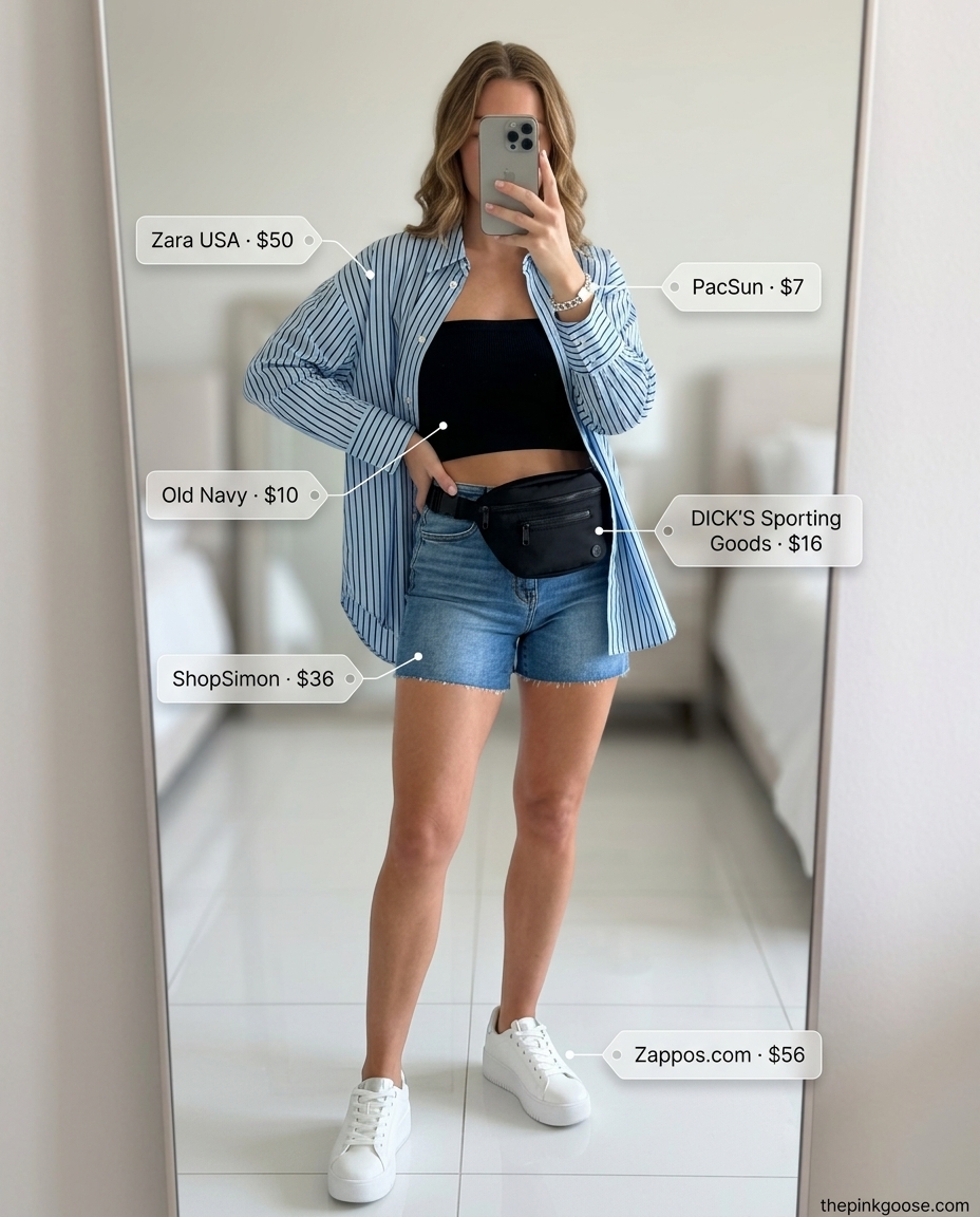 Urban explorer outfit with a black bandeau top, denim shorts, and oversized shirt. Summer Bandeau top for women 2026.