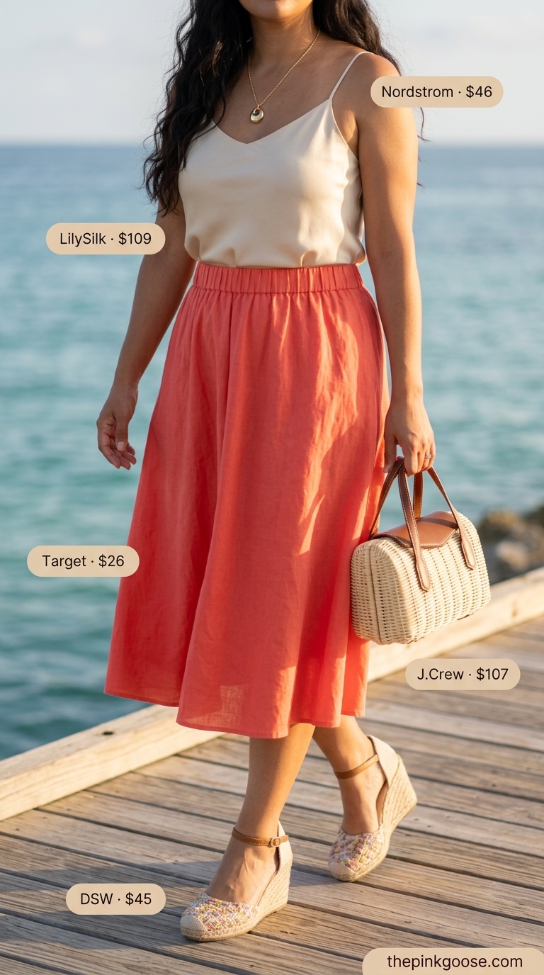 Summer Beach Vacation Outfits for Women 2026: Coral Skirt Coral linen skirt outfit for summer beach vacation outfits for women 2026. Chic upscale brunch style.