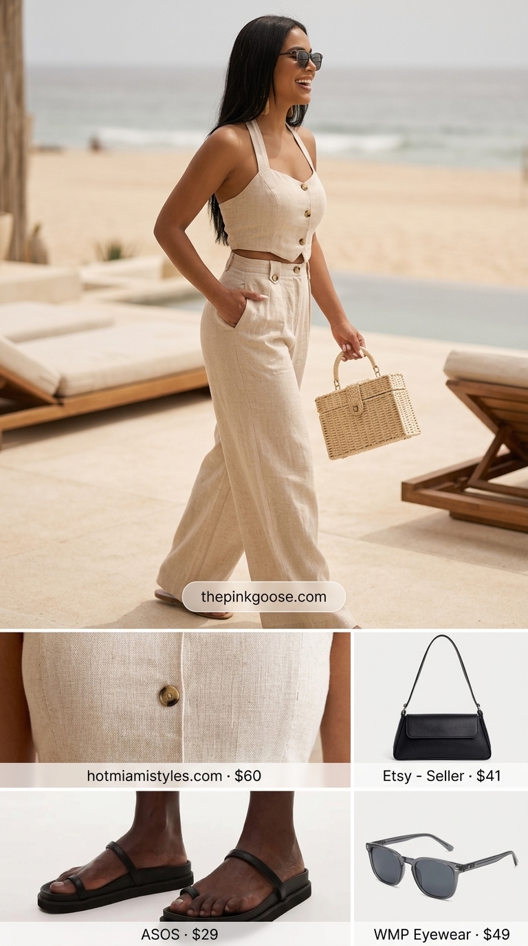 Summer Beach Vacation Outfits for Women 2026: Chic Matching Set Sandy beige linen matching set for summer beach vacation outfits for women 2026. Effortless resort style.