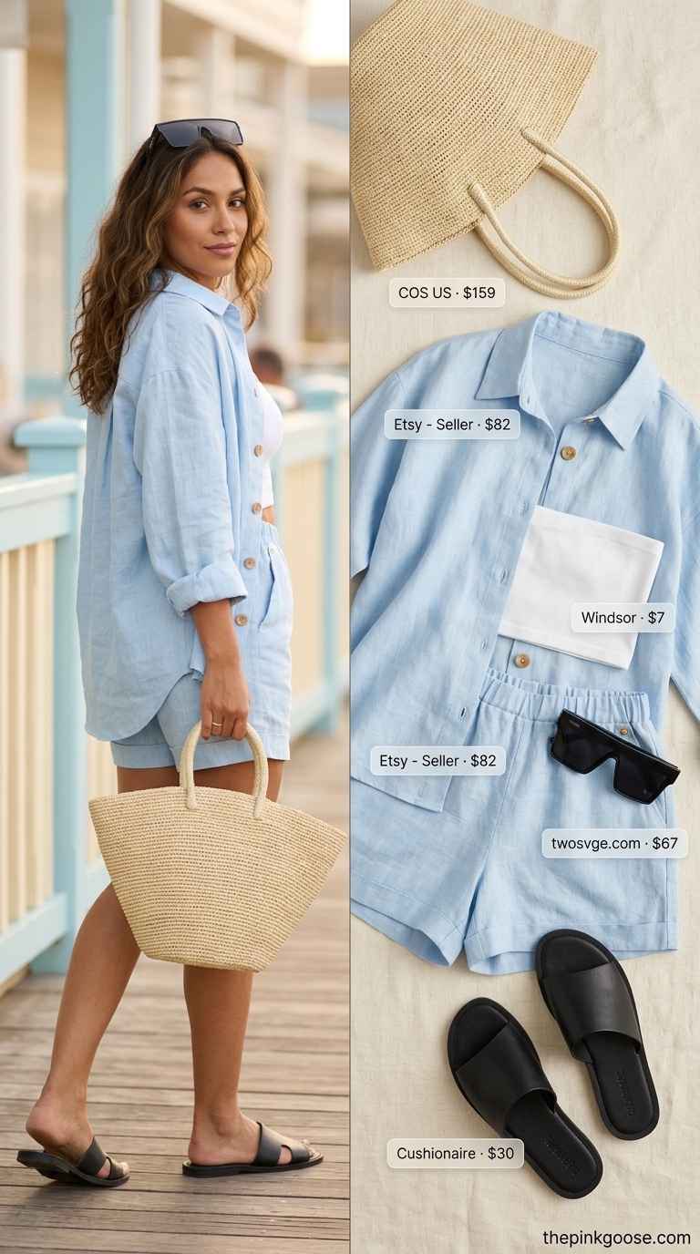 Summer Beach Vacation Outfits for Women 2026: Linen Set Sky blue linen matching set for summer beach vacation outfits for women 2026. Breezy lakeside lunch style.