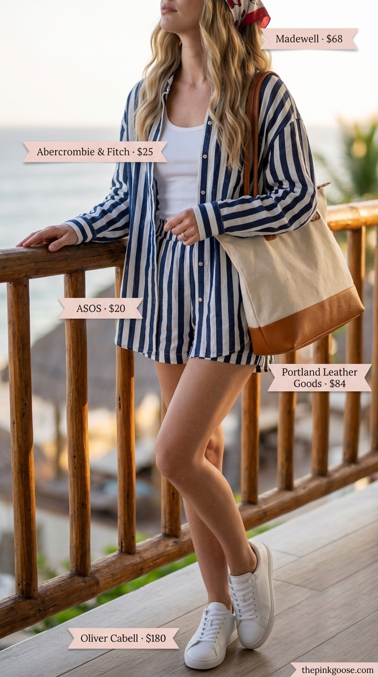 Summer Beach Vacation Outfits for Women 2026: Striped Set Striped linen set for summer beach vacation outfits for women 2026. Comfortable travel day chic.