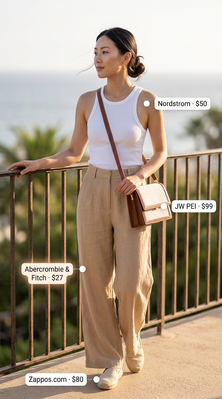 Summer Beach Vacation Outfits for Women 2026: Linen Pants White linen pants outfit for summer beach vacation outfits for women 2026. Coastal town exploration style.
