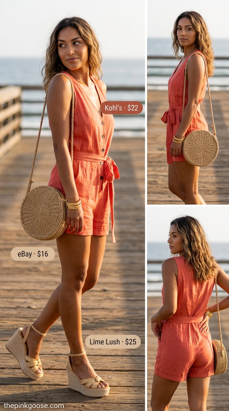 Coral Romper: Summer Beach Vacation Outfits for Women 2026 Playful coral romper for summer beach vacation outfits for women 2026. Great for island excursions with espadrilles and straw bag.