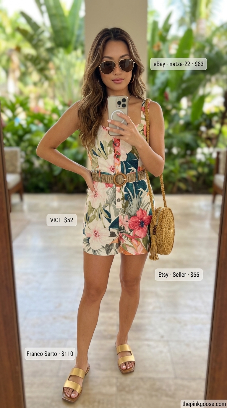 Vibrant coral romper for summer beach vacation outfits for women 2026. Fun for poolside parties with espadrilles and sunglasses.