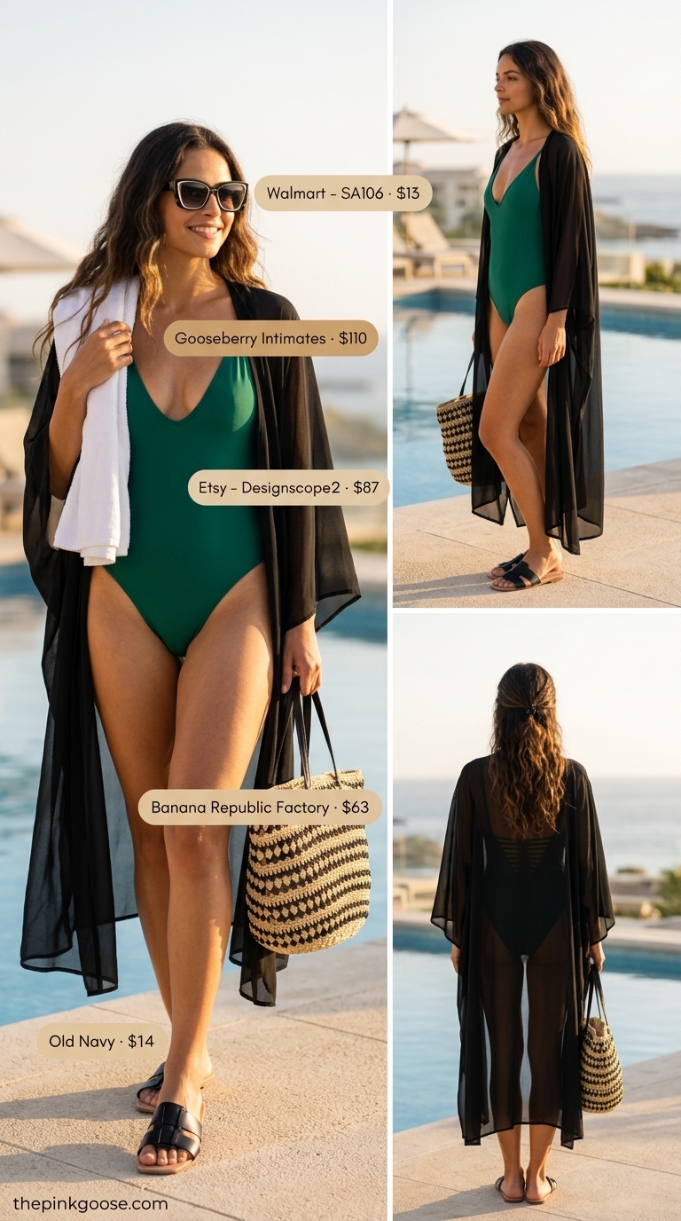 Emerald Swimsuit: Summer Beach Vacation Outfits for Women 2026 Glamorous emerald swimsuit for summer beach vacation outfits for women 2026. Perfect for poolside lounging with a sheer kimono cover-up.