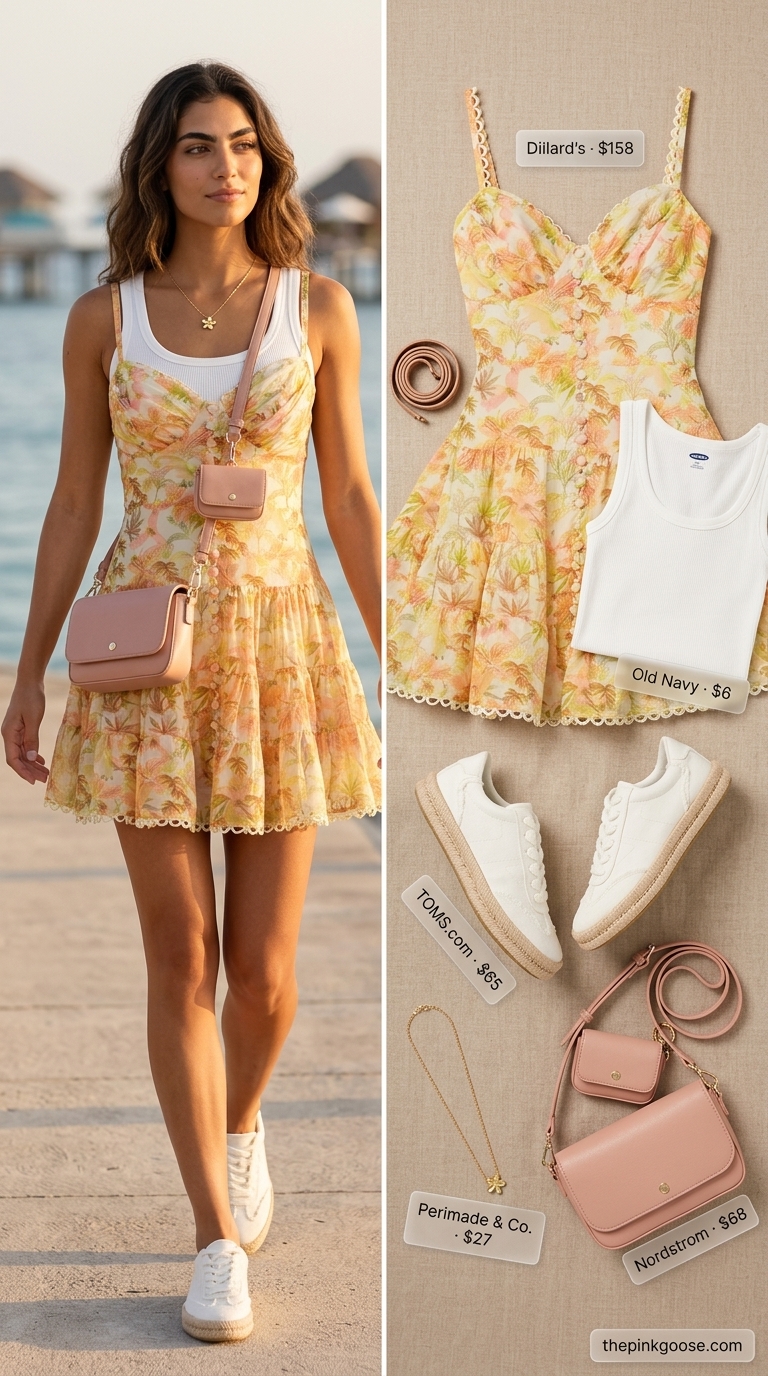 Sunny Day Outing Dresses 2026 Summer beach vacation outfits for women 2026: White floral mini sundress, straw tote, and espadrille sneakers for a sunny day.