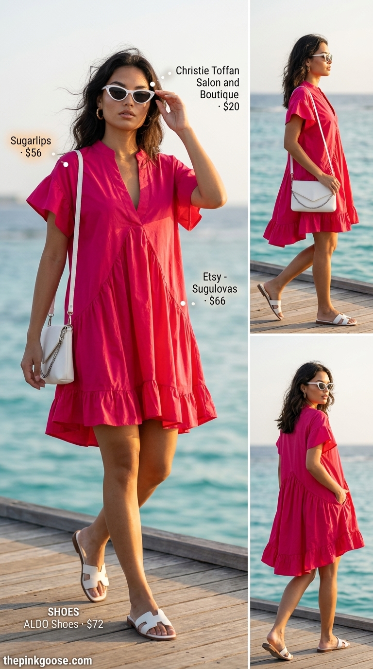 Fuchsia Fun Day Dresses 2026 Vibrant summer beach vacation outfits for women 2026: Fuchsia shift dress, white accessories, silver jewelry for a fun day.