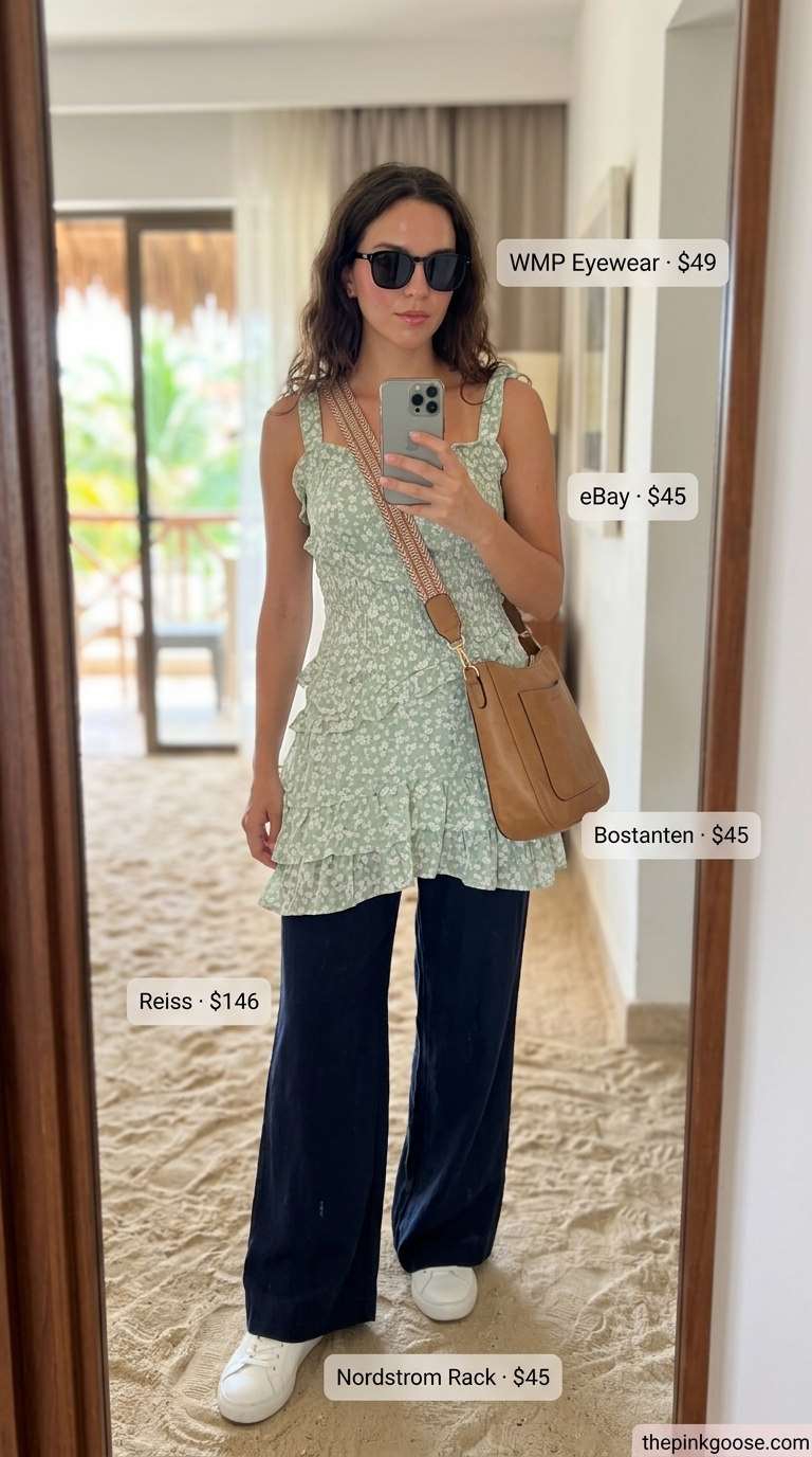 Jet-Set Explorer Jumpsuits 2026 Versatile summer beach vacation outfits for women 2026: Navy utility jumpsuit, white sneakers, straw tote for travel.