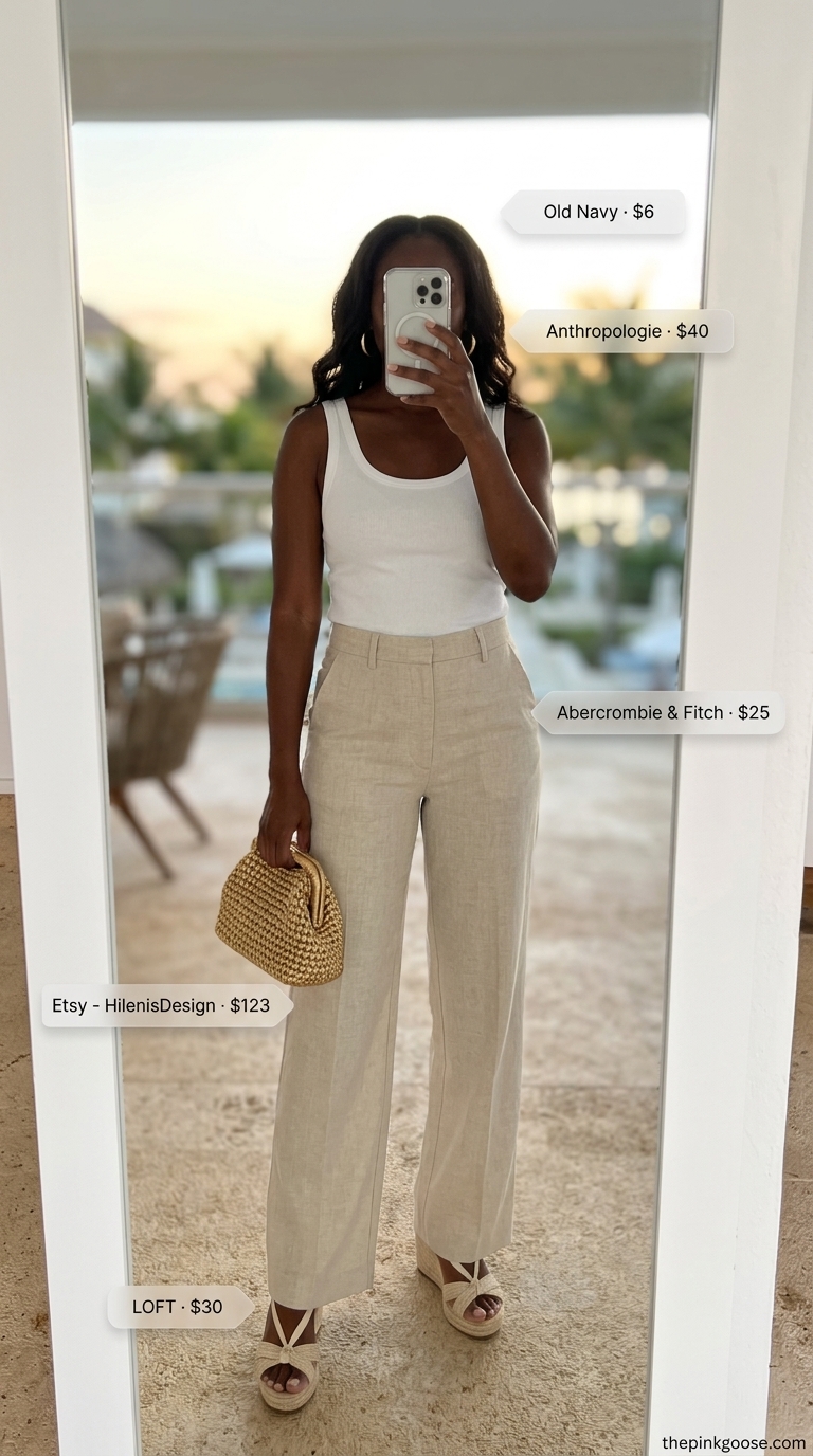 Coastal Dinner Pantsuits 2026 Effortless summer beach vacation outfits for women 2026: Sand beige linen pants, cream knit top, gold hoops for coastal dinner.