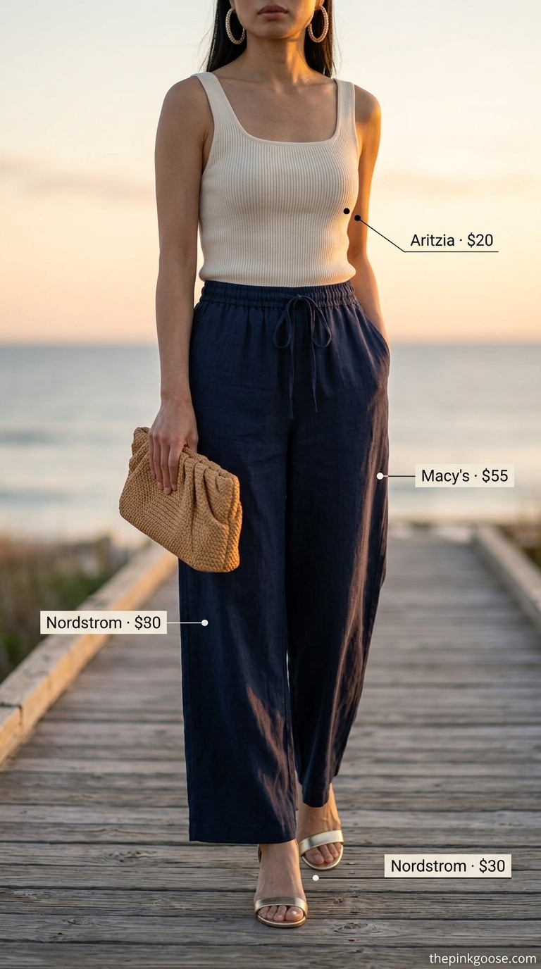 Navy Pants Outfit: Summer Beach Vacation Outfits for Women 2026 Sophisticated navy pants outfit for summer beach vacation outfits for women 2026. Ideal for resort dinners with a knit top and block heels.