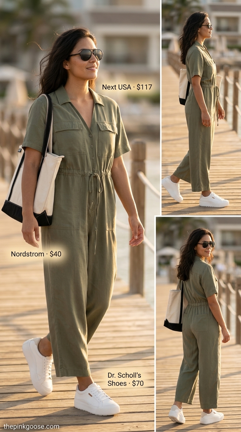 Olive Green Jumpsuit: Summer Beach Vacation Outfits for Women 2026 Chic olive green jumpsuit for summer beach vacation outfits for women 2026. Ideal for travel days with white sneakers and a canvas tote.