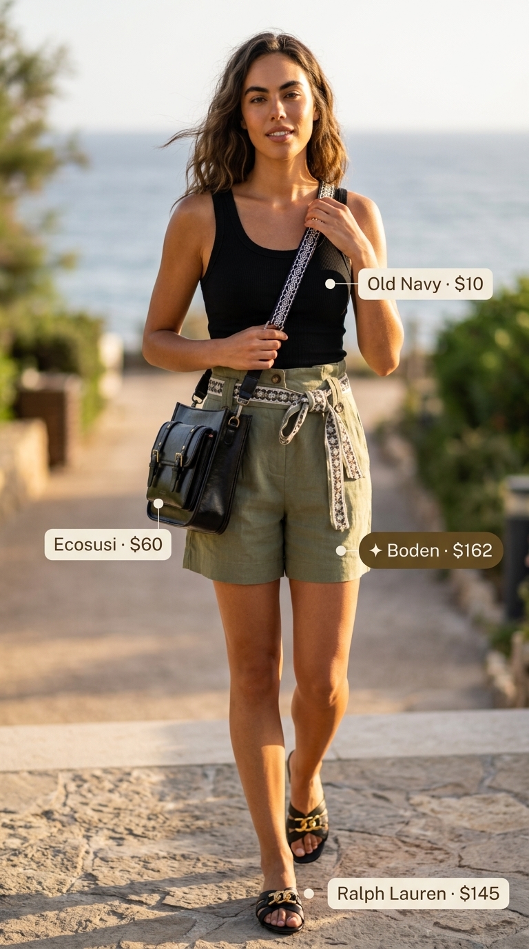 Olive Green Shorts: Summer Beach Vacation Outfits for Women 2026 Chic olive green shorts outfit for summer beach vacation outfits for women 2026. Perfect for casual days with a ribbed tank and leather slides.