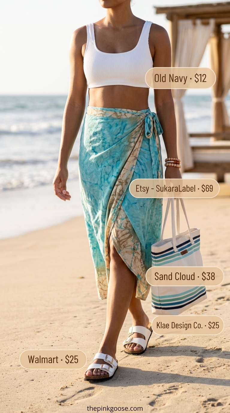 Aqua Beachside Glam Skirts 2026 Fresh summer beach vacation outfits for women 2026: Aqua sarong skirt, white bikini top, canvas tote for beach day.