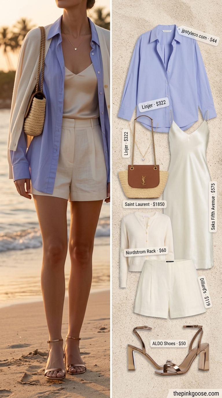 Moonlit Beach Dinner Dresses 2026 Romantic summer beach vacation outfits for women 2026: Champagne silk dress, white shorts, silver sandals for moonlit dinner.