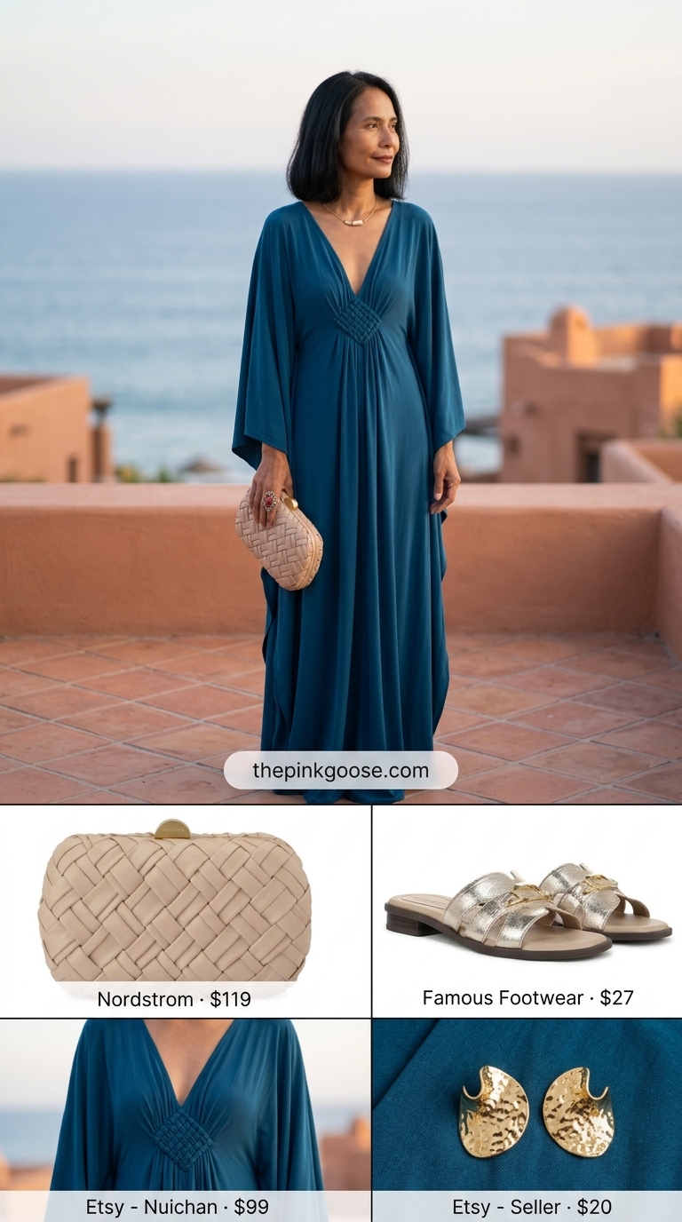Teal Caftan Dress: Summer Beach Vacation Outfits for Women 2026 Tranquil teal caftan dress for summer beach vacation outfits for women 2026. Perfect for spa days or resort lounging with gold earrings.