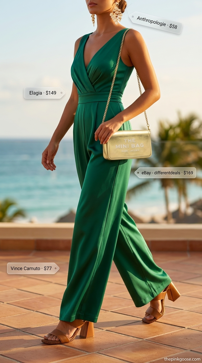 Teal Jumpsuit: Summer Beach Vacation Outfits for Women 2026 Sophisticated teal jumpsuit for summer beach vacation outfits for women 2026. Perfect for resort dinners with block heels and gold accessories.