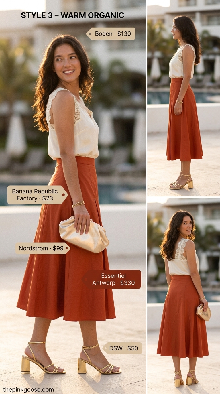 Terracotta Skirt Outfit: Summer Beach Vacation Outfits for Women 2026 Elegant terracotta skirt outfit for summer beach vacation outfits for women 2026. Features ivory camisole, gold jewelry, and bronze sandals.