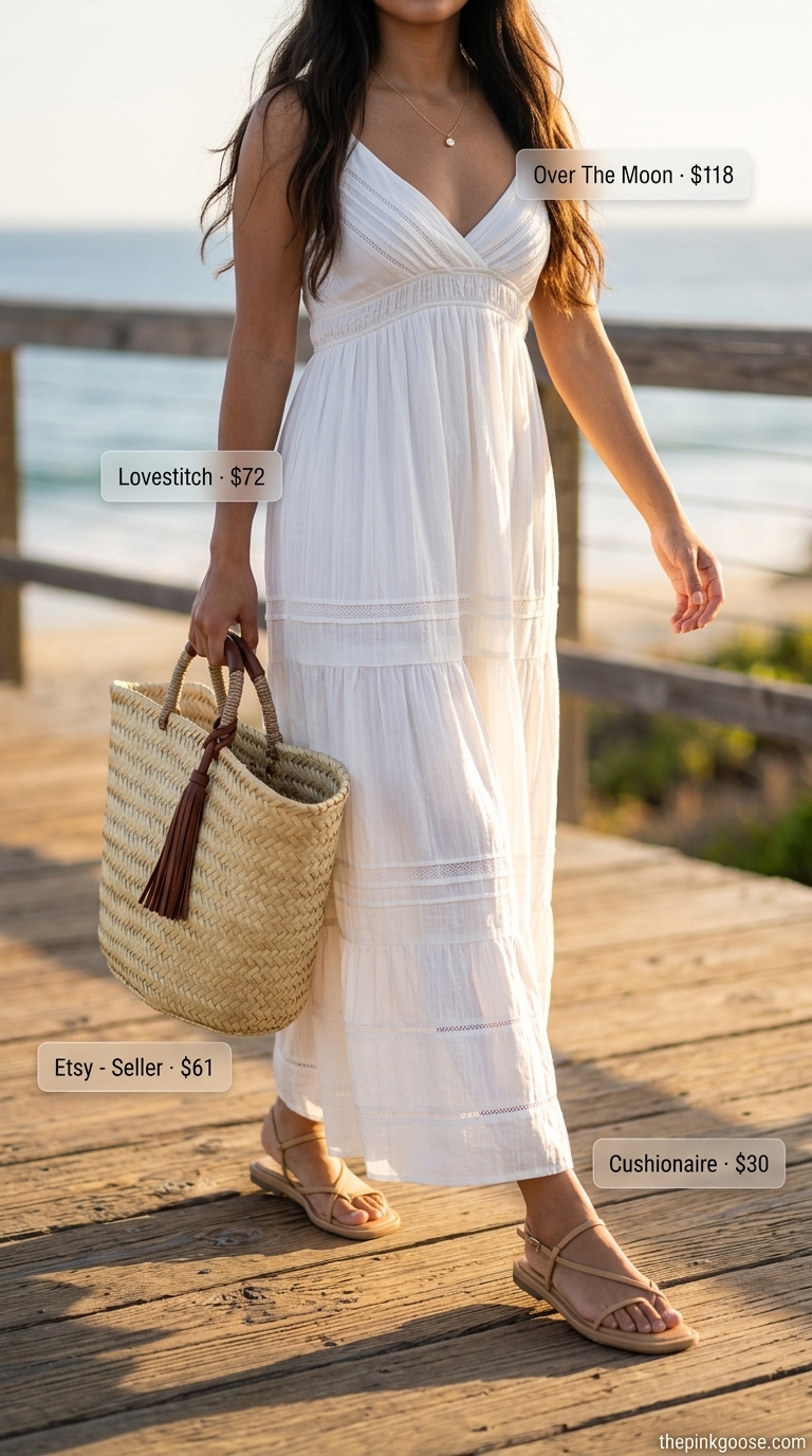 White Maxi Dress: Summer Beach Vacation Outfits for Women 2026 Ethereal white maxi dress for summer beach vacation outfits for women 2026. Ideal for beach brunch with tan sandals and straw accessories.
