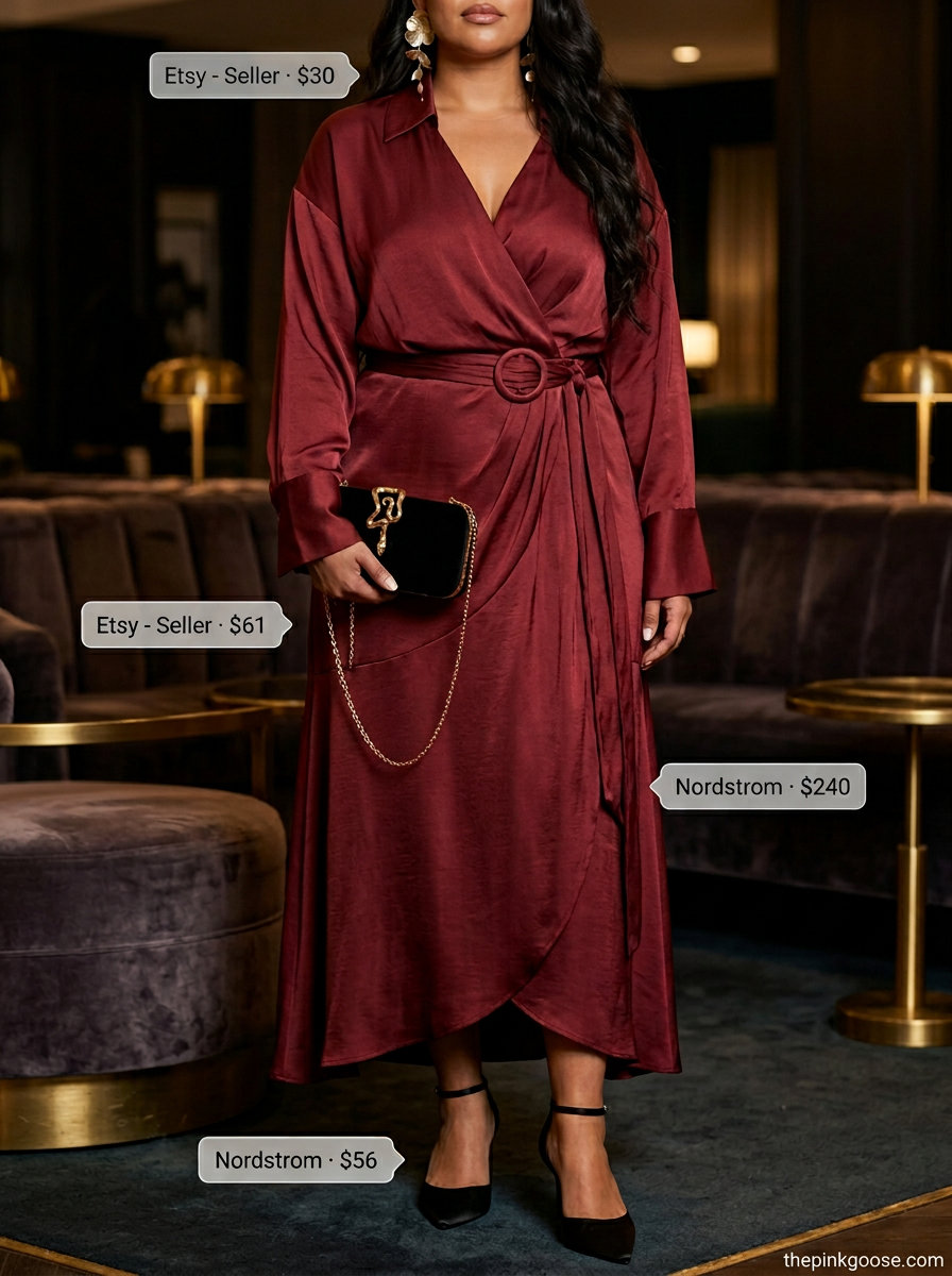 Burgundy silk blend wrap dress for women 2026, glamorous for evening events or cocktail parties. Styled with stiletto heels and clutch.