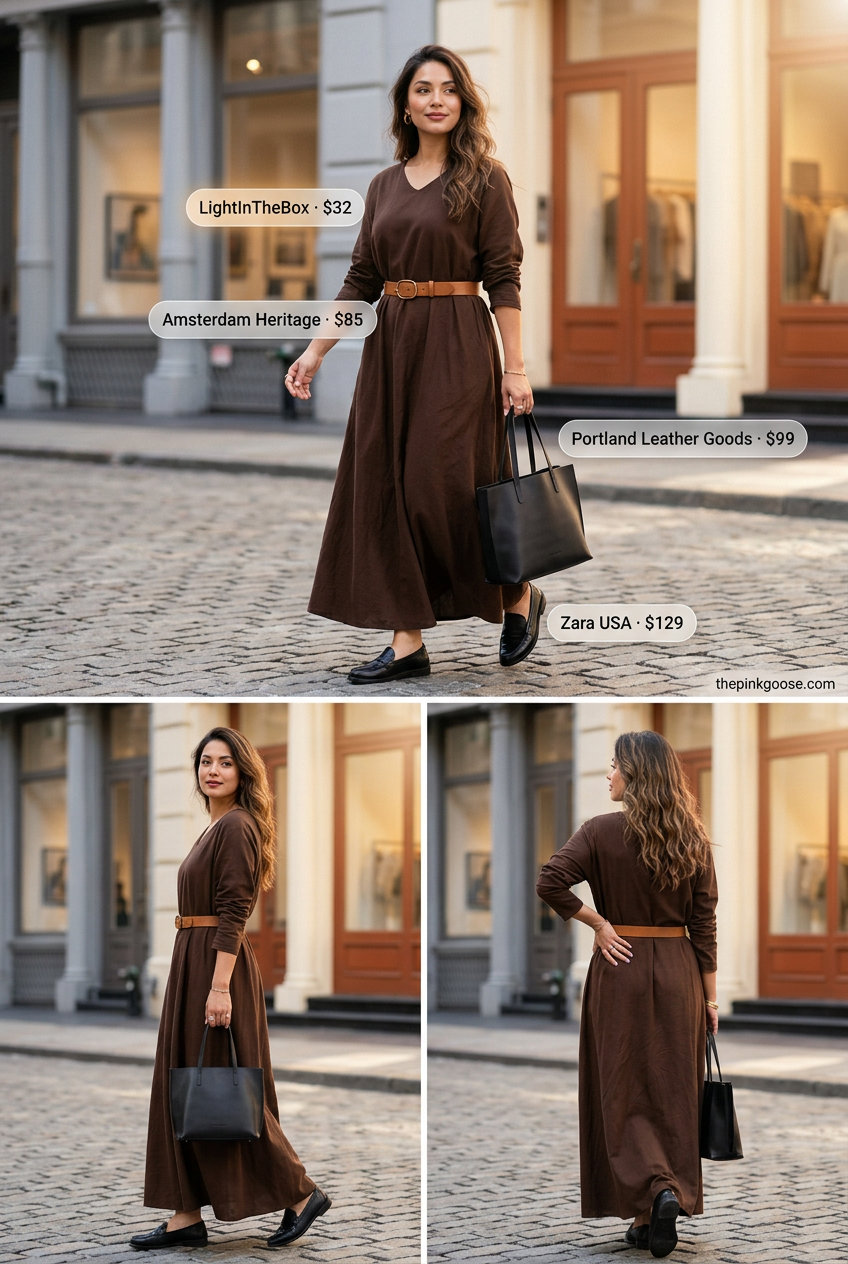 Camel belted dress for women 2026, sophisticated for office casual or smart lunch. Styled with loafers and structured tote.