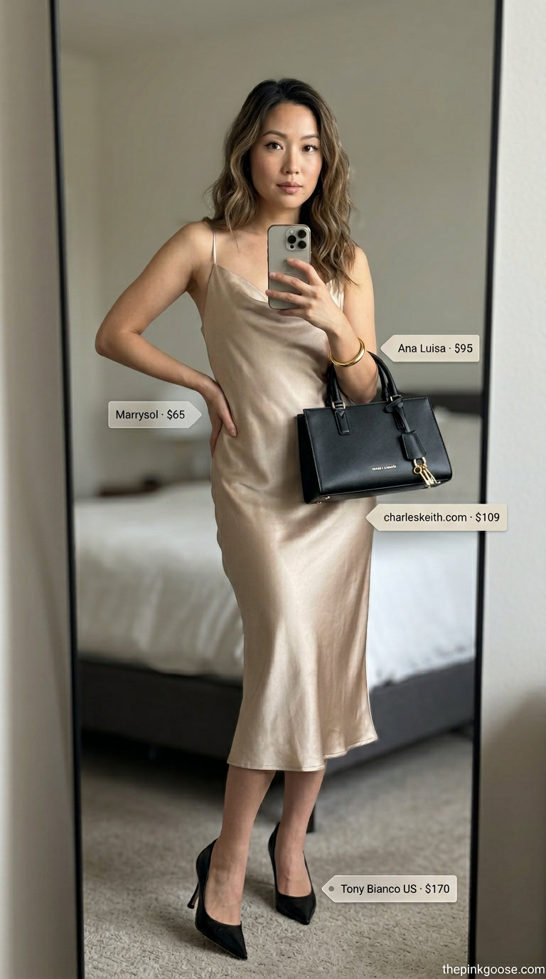 Chic champagne satin slip belted dress for women 2026, sophisticated for city sightseeing and art galleries.