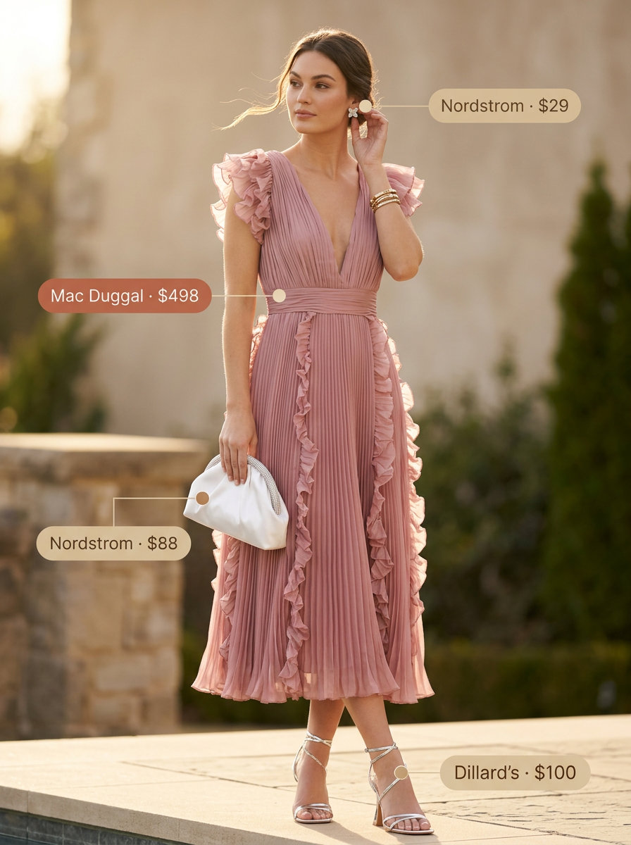 Dusty rose belted midi dress for women 2026, romantic for weddings or garden parties. Styled with heeled sandals and clutch.