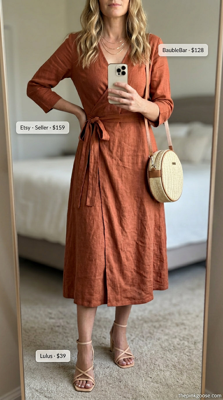 Elegant terracotta linen belted dress for women 2026, perfect for dinner dates and warm summer evenings.