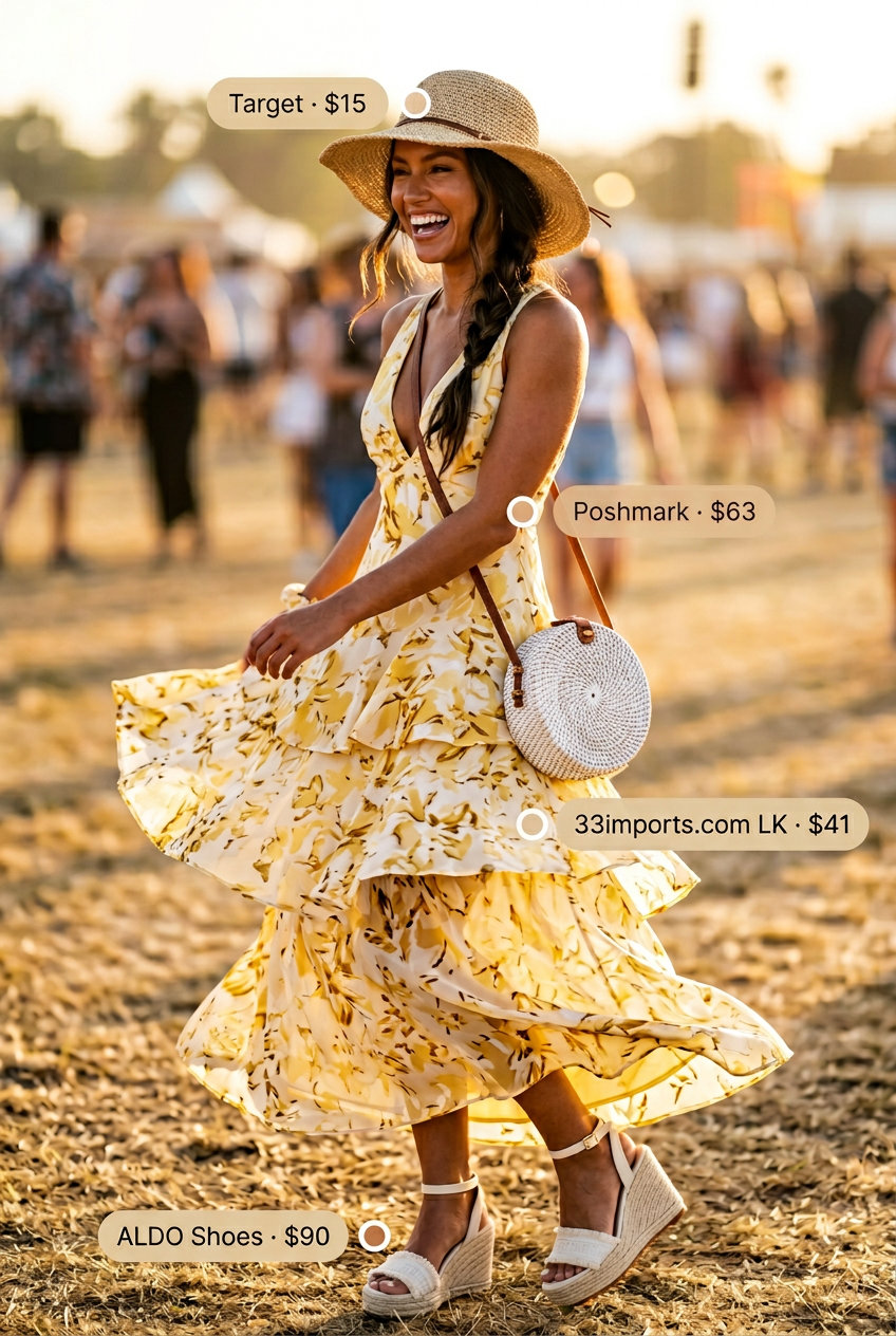 Lemon yellow floral belted sundress for women 2026, ideal for summer festivals or beach days. Styled with espadrilles and straw hat.