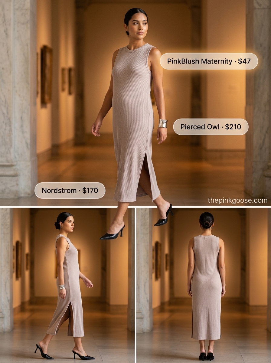 Modern taupe belted dress for women 2026, art gallery opening outfit with silver bracelet and black mules.