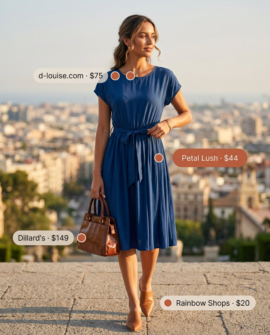 Navy belted T-shirt dress for women 2026, chic for work events or city exploration. Styled with mules and satchel bag.