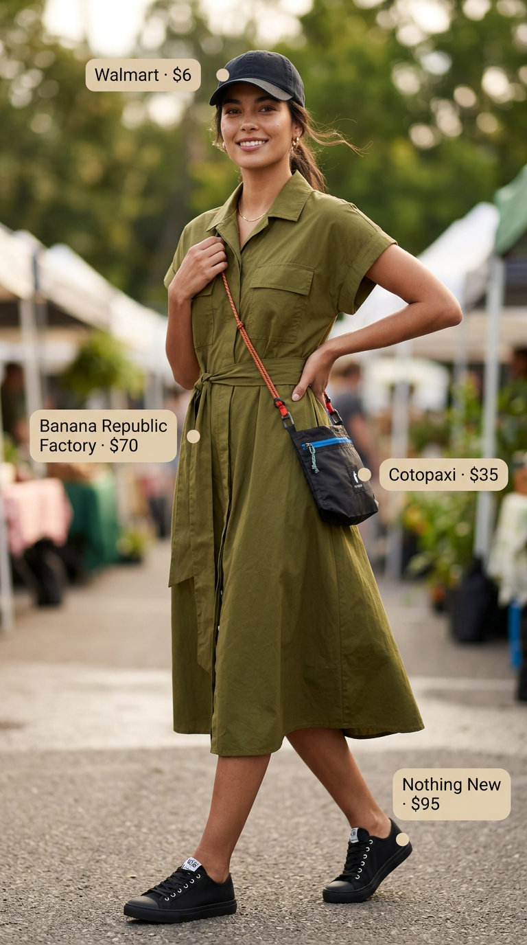 Olive green utility belted dress for women 2026, practical for weekend errands or travel. Styled with sneakers and baseball cap.