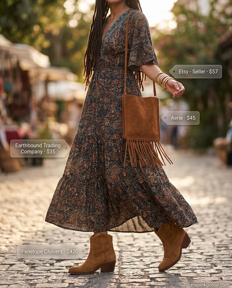 Bohemian jewel tone paisley belted dress for women 2026, ideal for festivals and summer evenings.