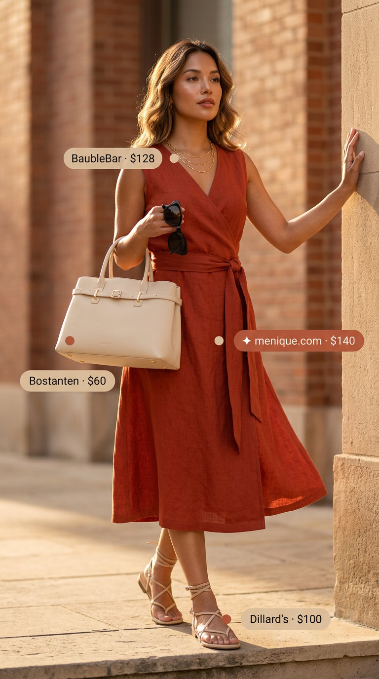 Terracotta linen wrap dress for women 2026, elegant for summer dinners or date nights. Styled with flat sandals and top-handle bag.