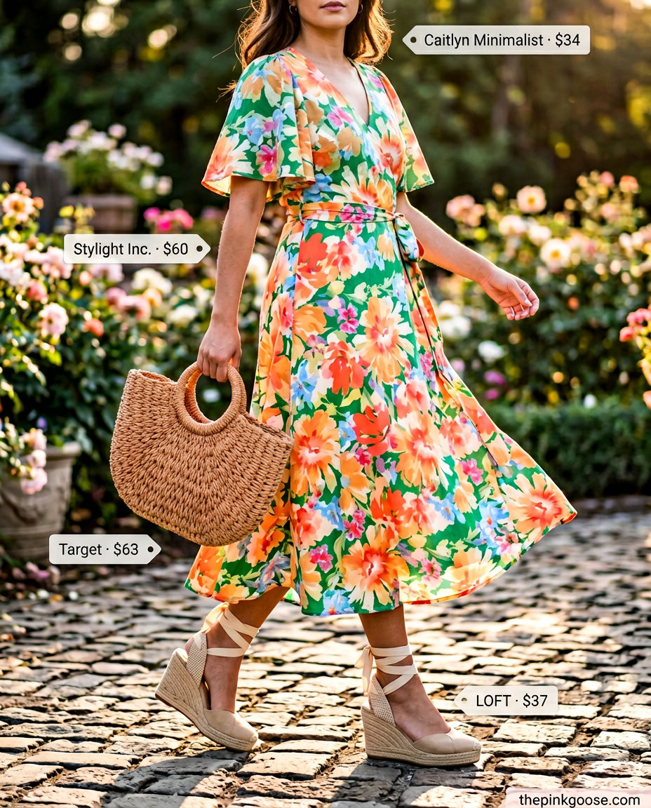 Feminine multi-color floral midi wrap dress for women 2026, ideal for garden parties or summer brunches.
