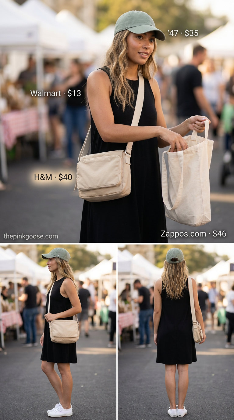 Casual olive green dress for women 2026, paired with a baseball cap and crossbody bag for weekend errands.