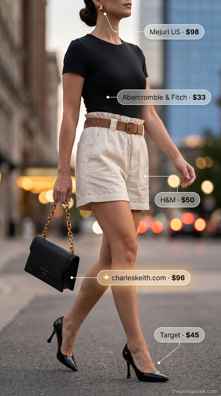 Black bodysuit, beige paperbag shorts, and stiletto heels for summer bodysuit outfits for women 2026.