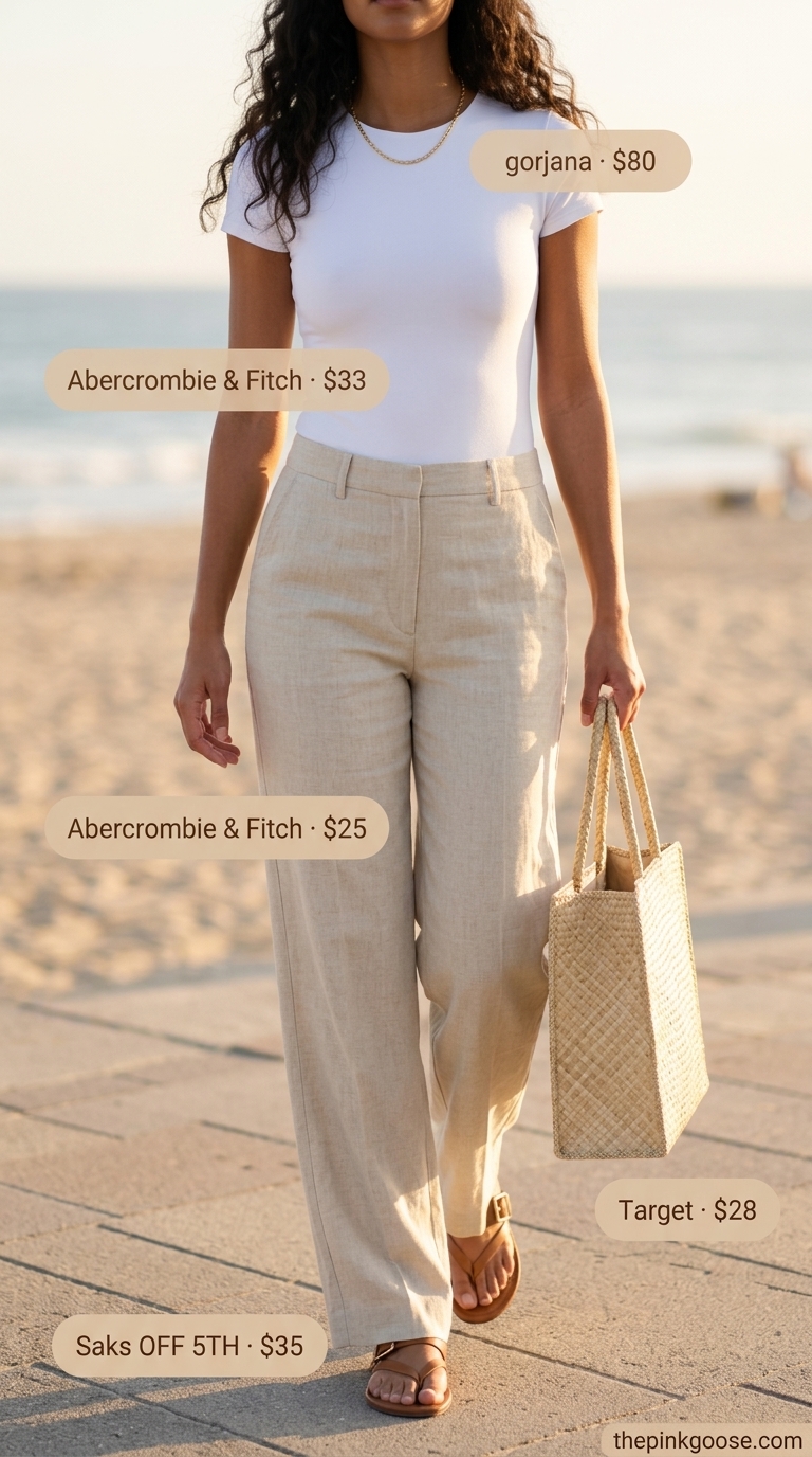 White bodysuit, beige linen pants, and straw tote for summer bodysuit outfits for women 2026.