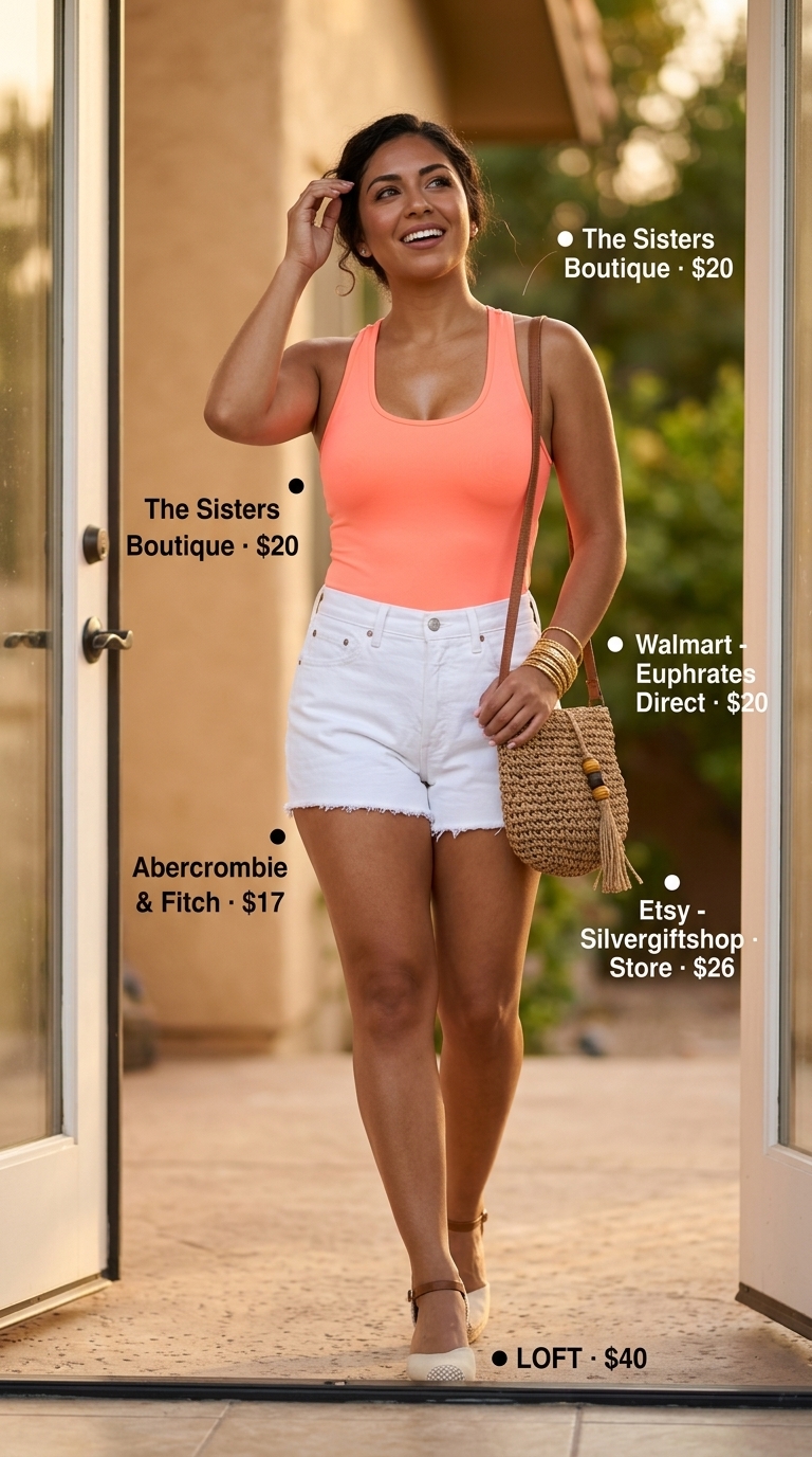 Coral bodysuit, white denim shorts, and espadrille sandals for summer bodysuit outfits for women 2026.