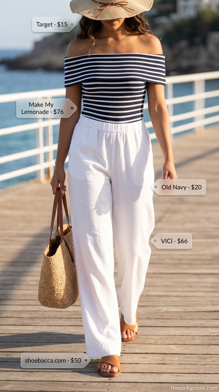 Navy striped bodysuit, white palazzo pants, and straw hat for summer bodysuit outfits for women 2026.