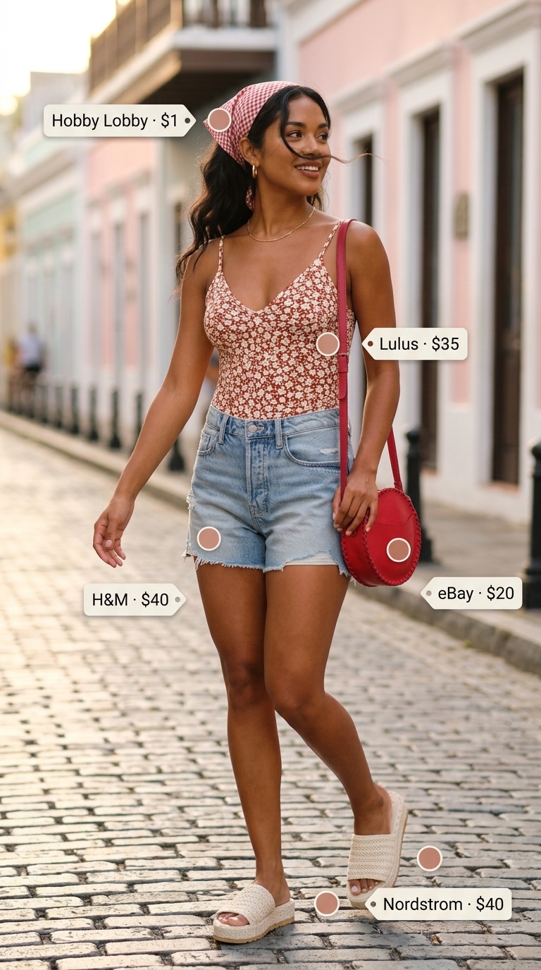 Multi-color print bodysuit, denim shorts, and bandana for summer bodysuit outfits for women 2026.