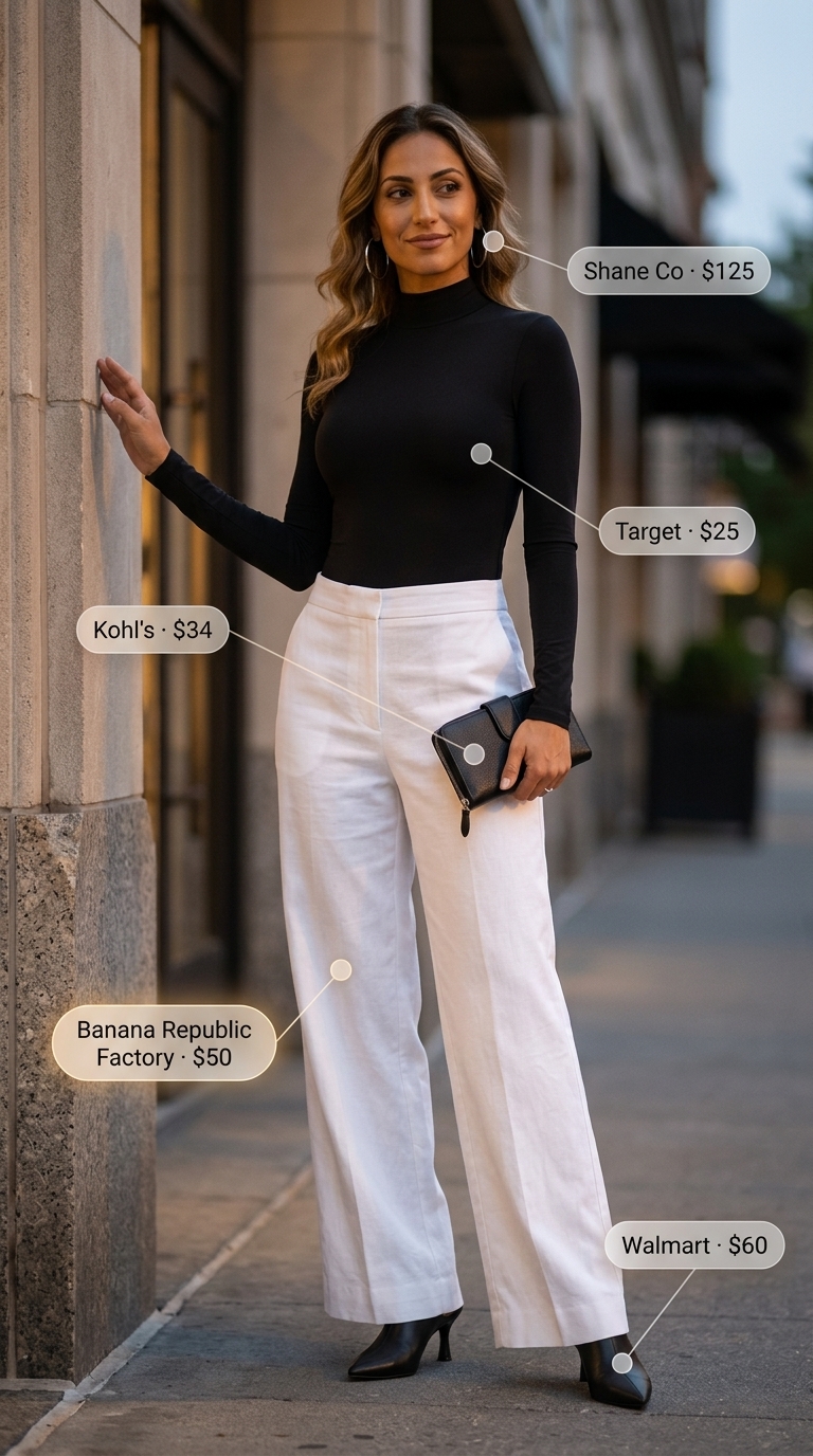 Black mock neck bodysuit, white trousers, and mules for summer bodysuit outfits for women 2026.