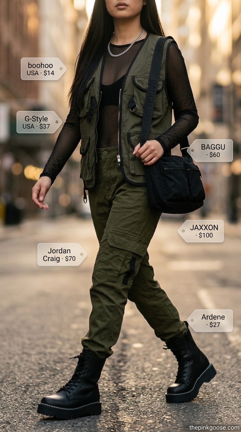 Black mesh bodysuit, olive cargo pants, and utility vest for summer bodysuit outfits for women 2026.