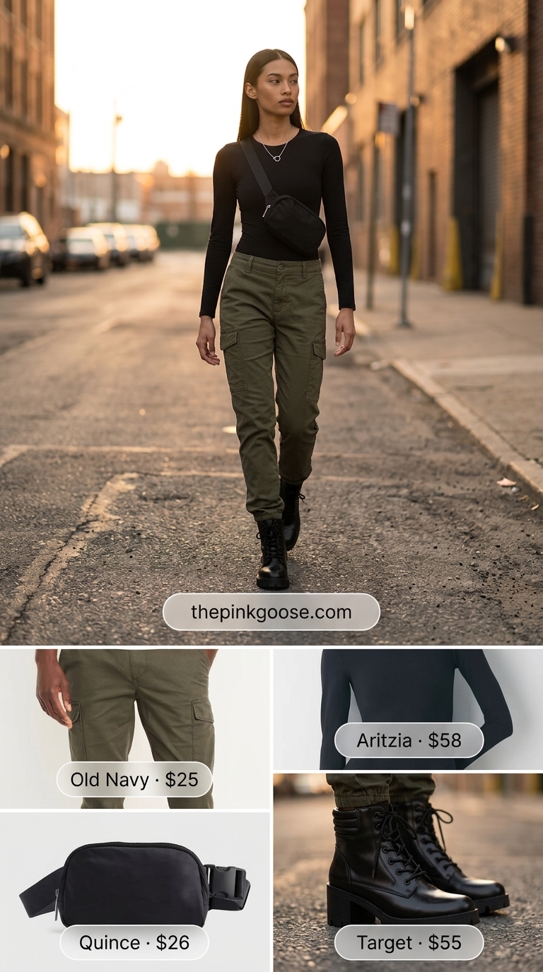 Edgy black bodysuit with olive green cargo pants and combat boots for summer bodysuit outfits for women 2026.