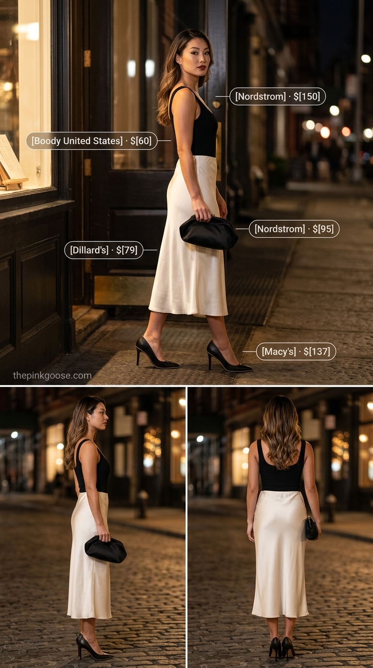 Chic black bodysuit with cream satin skirt for date night summer outfits for women 2026.